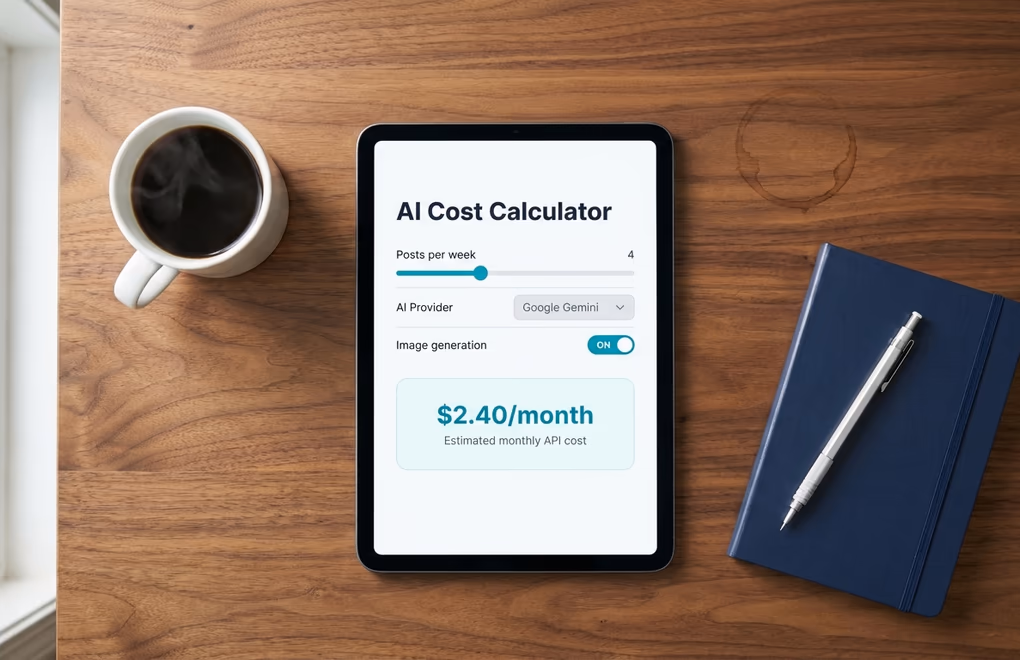 Tablet screen showing a cost calculator interface with AI provider logos and monthly cost estimates highlighted in teal