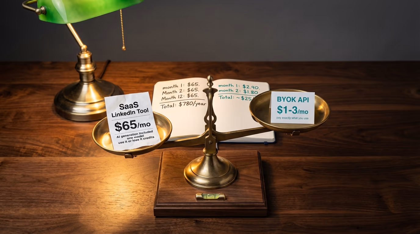 Brass balance scale on a desk with a SaaS subscription receipt on one side and a small API cost card on the other the