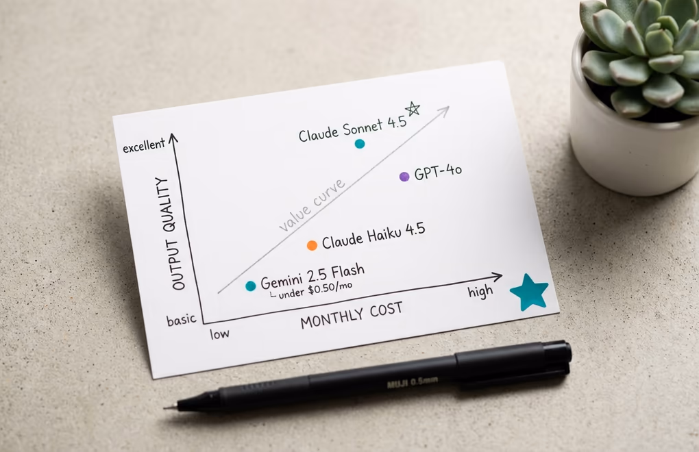 Hand-drawn quality vs cost chart on a notecard AI model positions from budget to premium with LinkedIn use case annotations