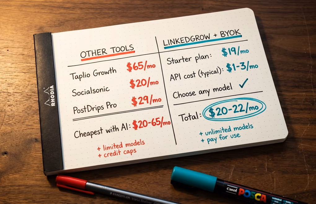 Notepad two cost columns side by side, traditional SaaS LinkedIn tool costs versus LinkedGrow BYOK total costs per month