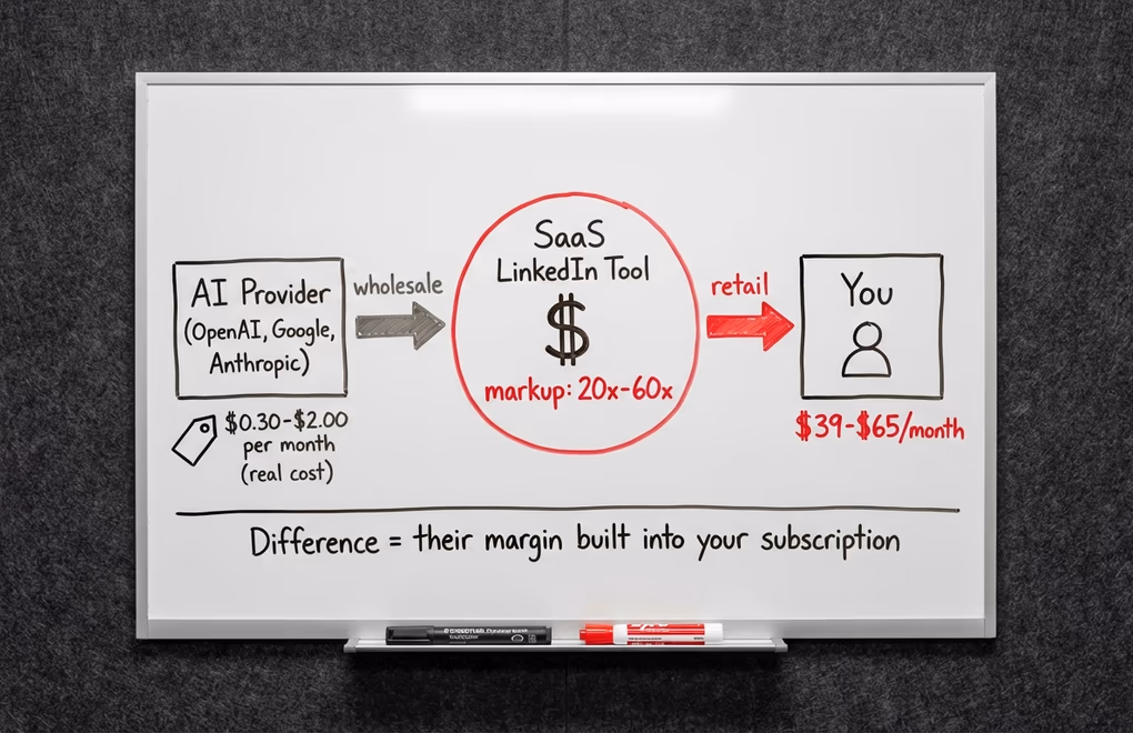 Whiteboard diagram the cost flow from AI provider wholesale price to SaaS tool retail price with markup labeled in the middle