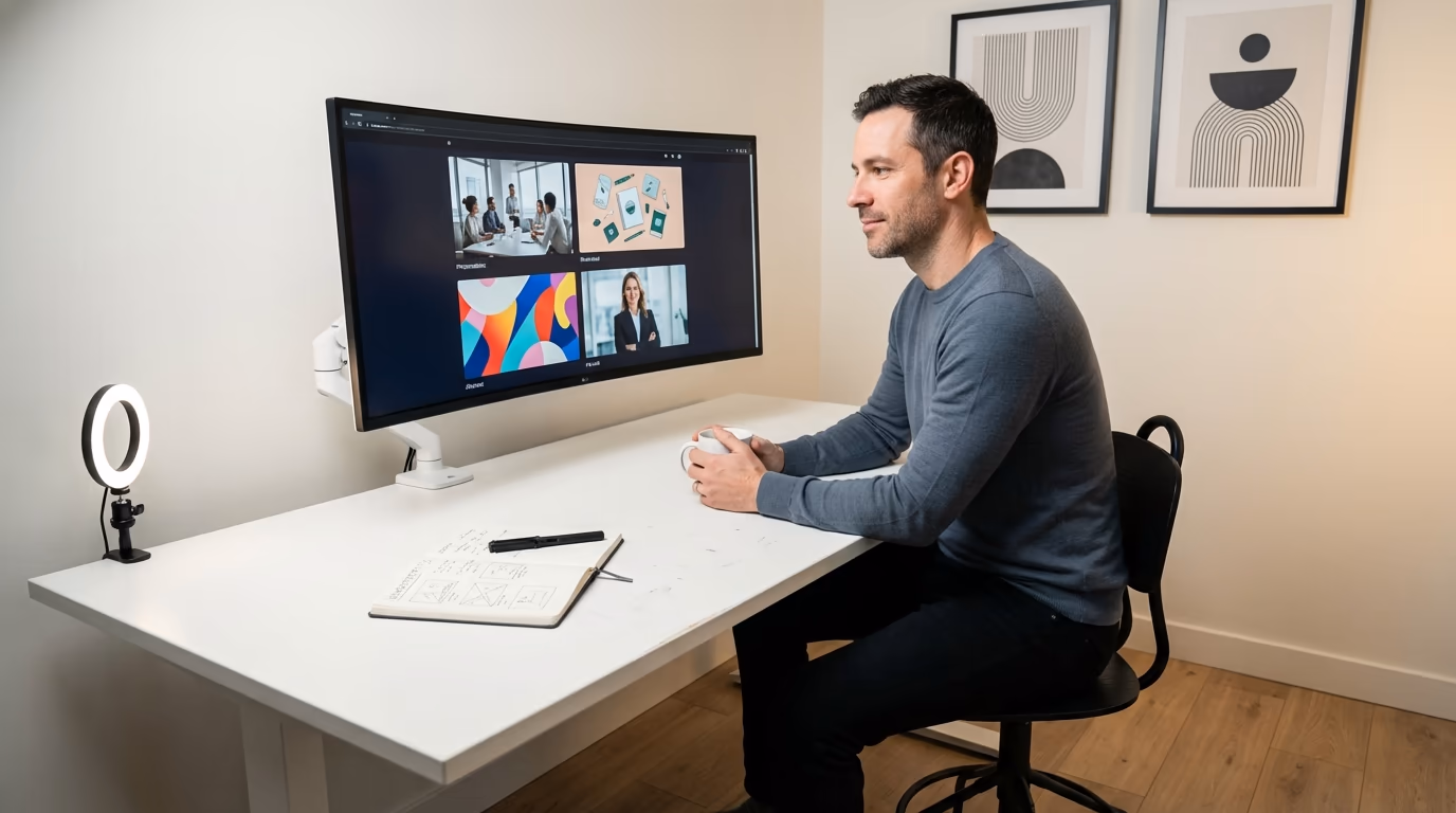 Creative professional reviewing four AI-generated LinkedIn image variations on a large studio display