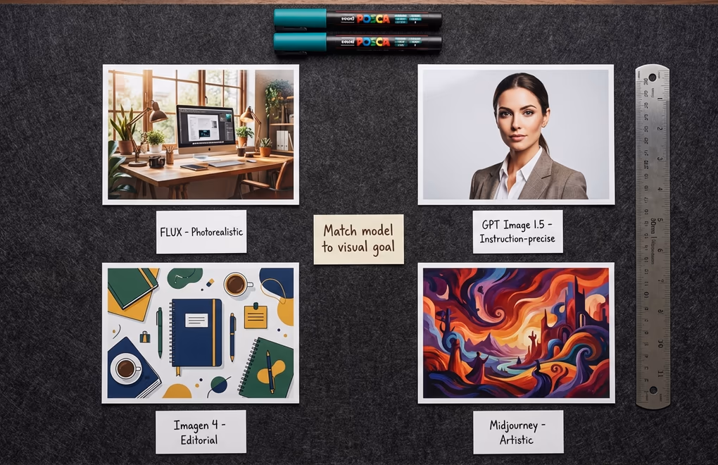 Desk with four printed image samples from AI models varying styles from photorealistic to for LinkedIn post comparison