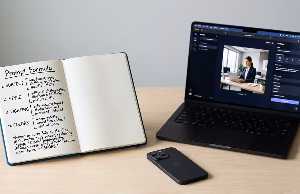 Open notebook with handwritten AI image prompt structure beside a laptop displaying generated image results on screen