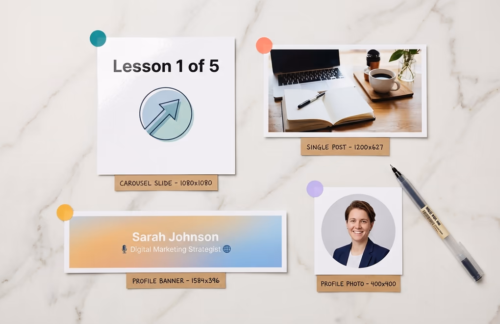 Four LinkedIn content formats laid out on a desk, a carousel slide, a single post image, a banner strip