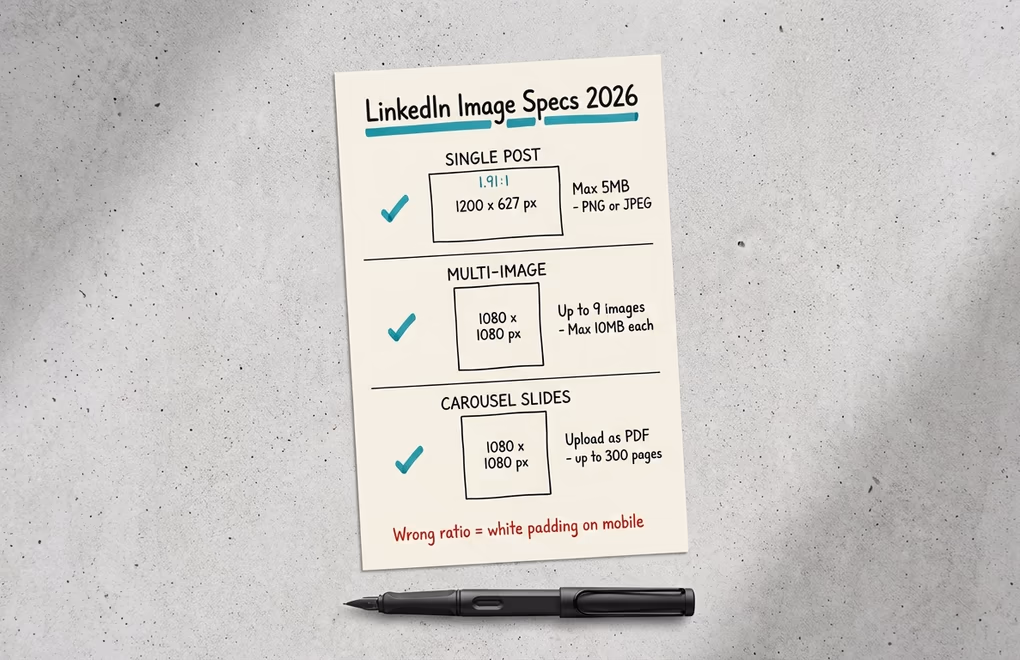 Reference card LinkedIn image dimensions for single posts, multi-image posts, carousel slides with aspect ratios labeled