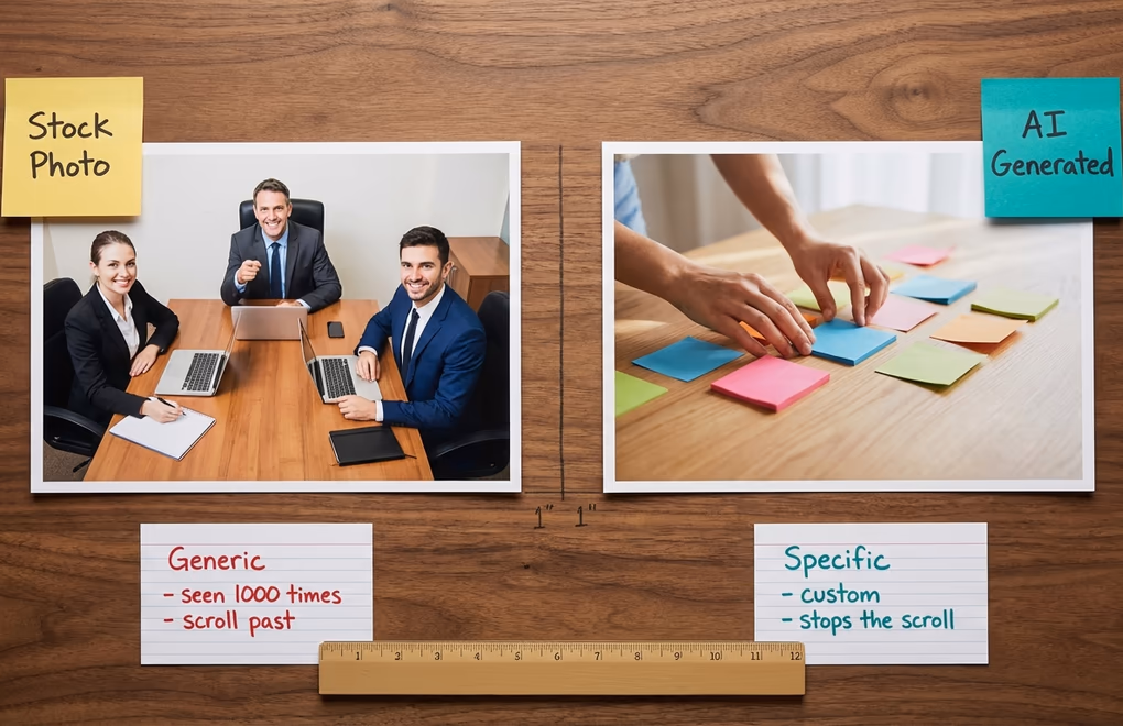 Side-by-side comparison of a generic stock photo on the left and a custom AI-generated LinkedIn post image on the right