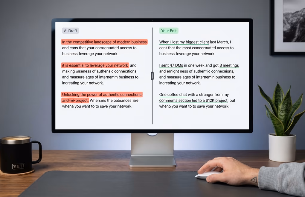 Split screen an AI draft on the left with highlighted generic phrases and the edited human version on the right with