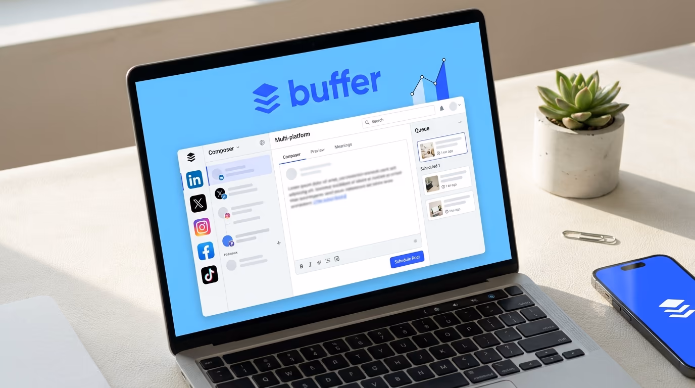 Buffer multi-platform composer with LinkedIn, X, Instagram, and TikTok channel selector