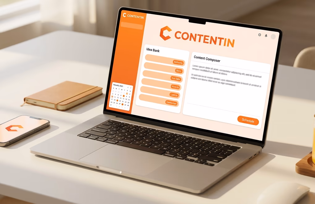 ContentIn idea bank with categorized post ideas next to a weekly scheduling calendar for daily LinkedIn cadence