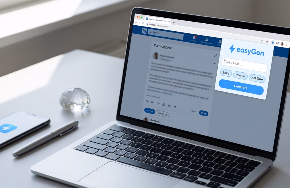 EasyGen browser extension popup with topic input field and one-click format templates for story, how-to, and hot take