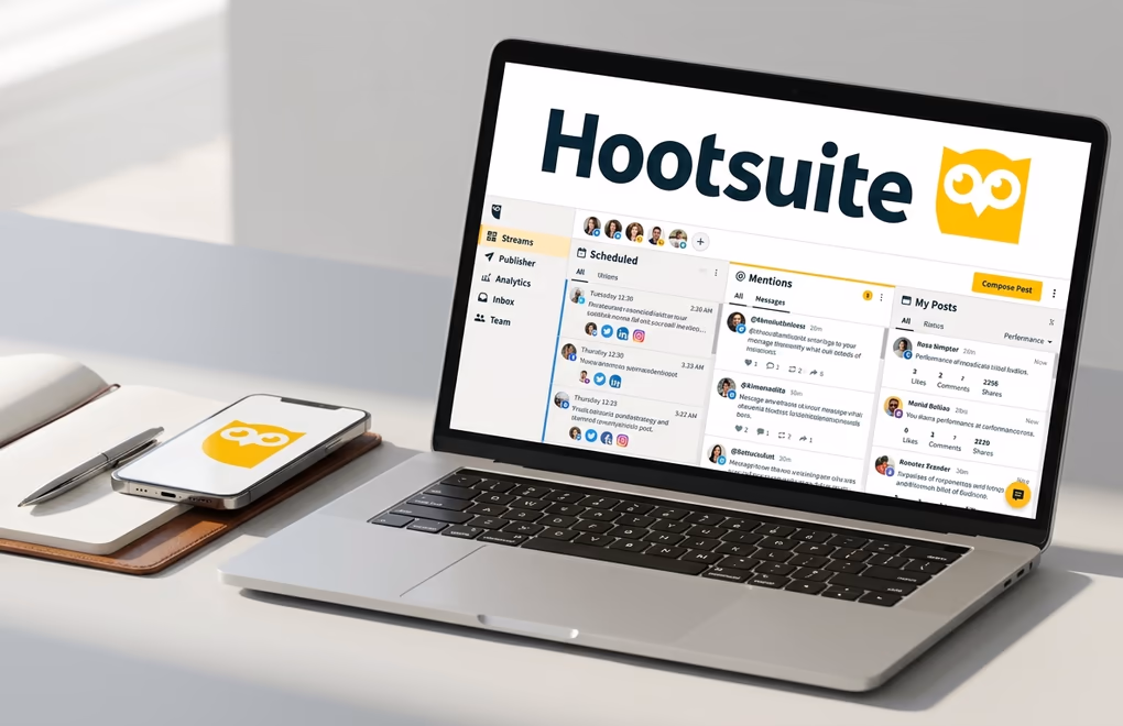 Hootsuite enterprise dashboard with team approval workflow and social listening panels