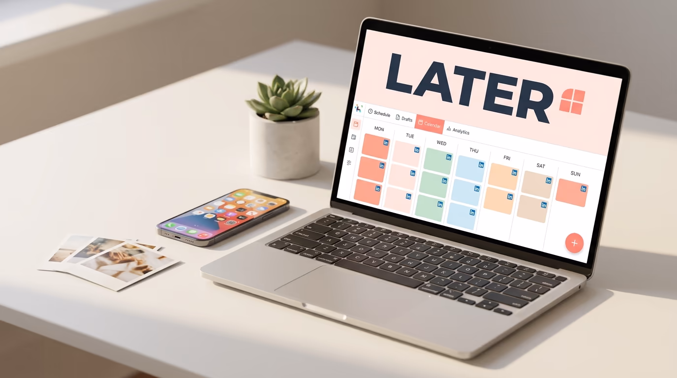 Later visual content calendar grid with thumbnail-based weekly scheduling and platform indicator badges