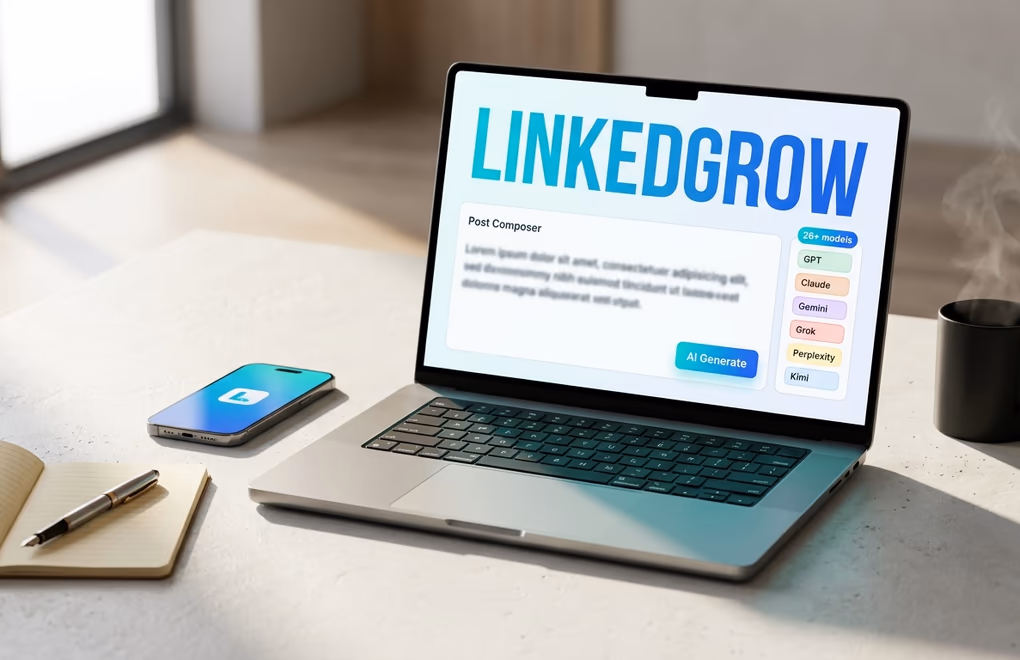 LinkedGrow dashboard showing BYOK API key setup and 26-model selector for GPT, Claude, Gemini, Grok