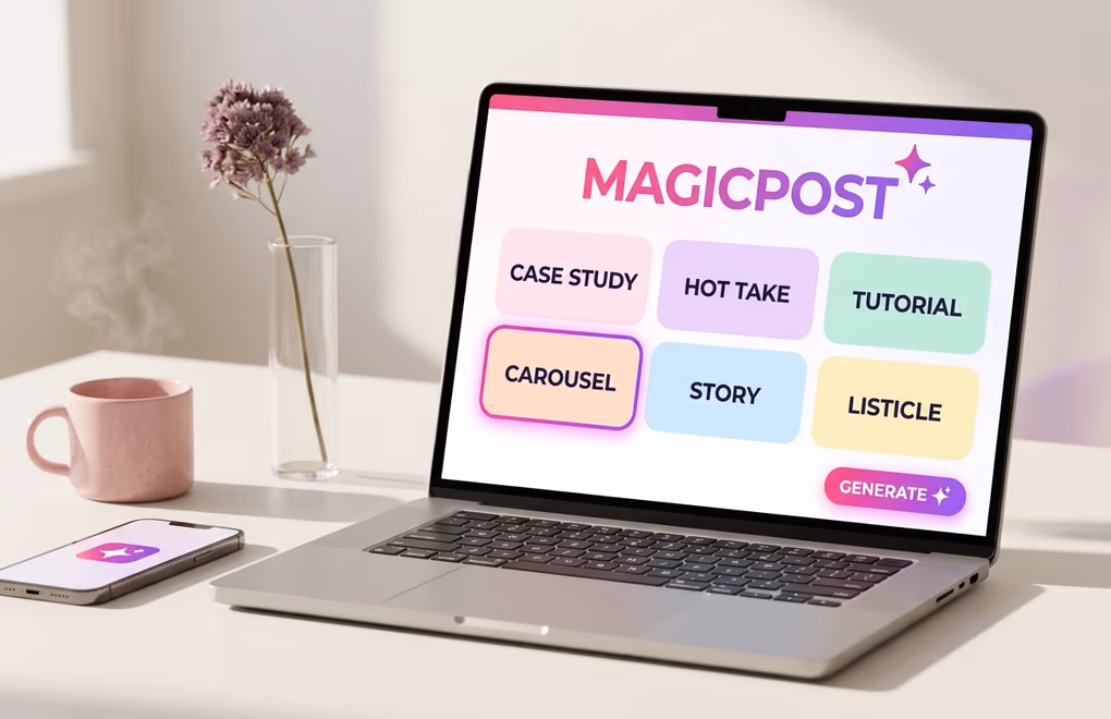 MagicPost template grid with case study, hot take, tutorial, carousel, story, and listicle starter templates