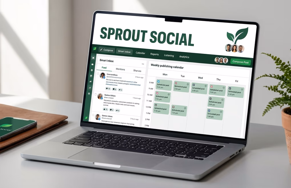 Sprout Social enterprise analytics with cross-network performance reports, social listening trends, and team workspace