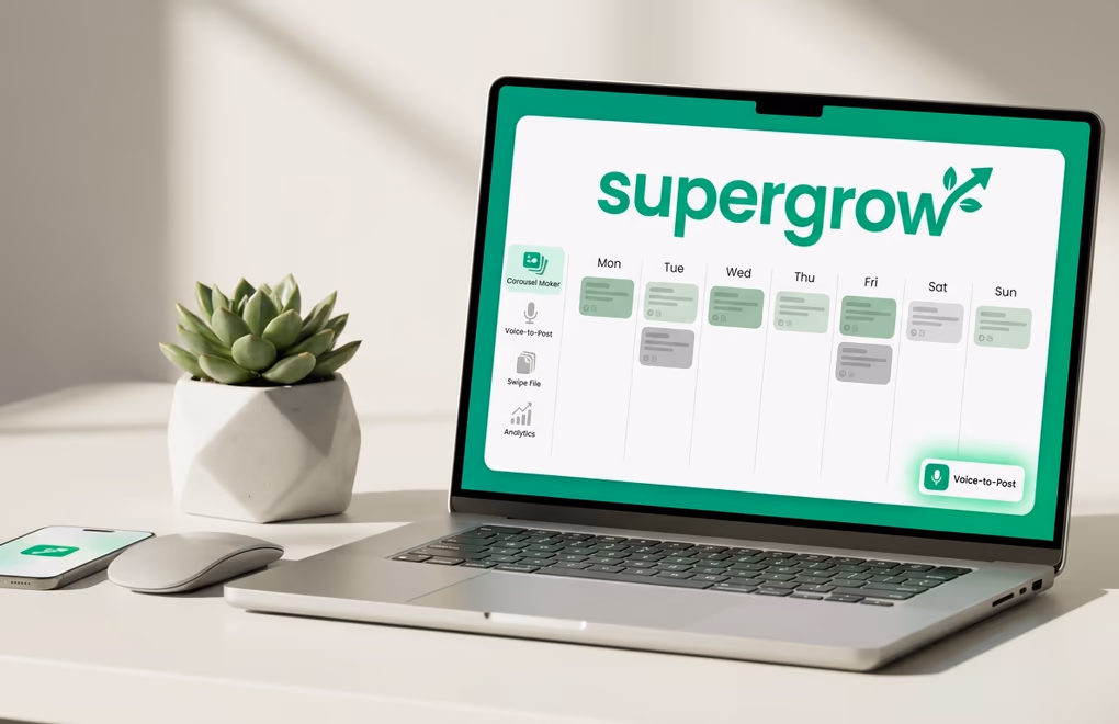 Supergrow calendar view with Voice-to-Post and Swipe File inspiration feed