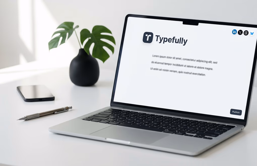 Typefully minimalist writing canvas with cross-platform badges for LinkedIn, X, Threads, and Bluesky in the top-right corner