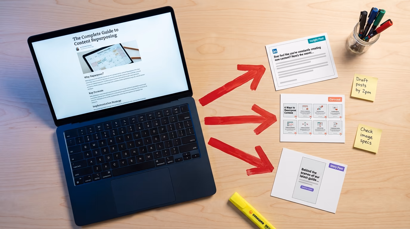 Blog article page on a laptop screen with arrows flowing toward multiple LinkedIn post format cards spread on a desk