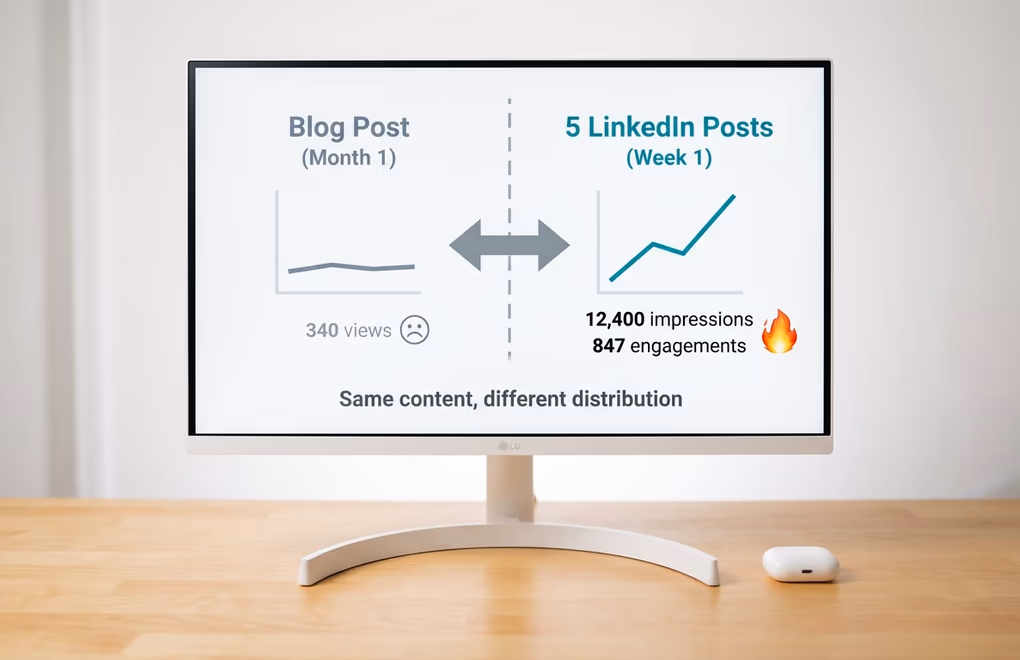 Split view showing a blog article with low traffic numbers versus LinkedIn posts derived from it with high engagement