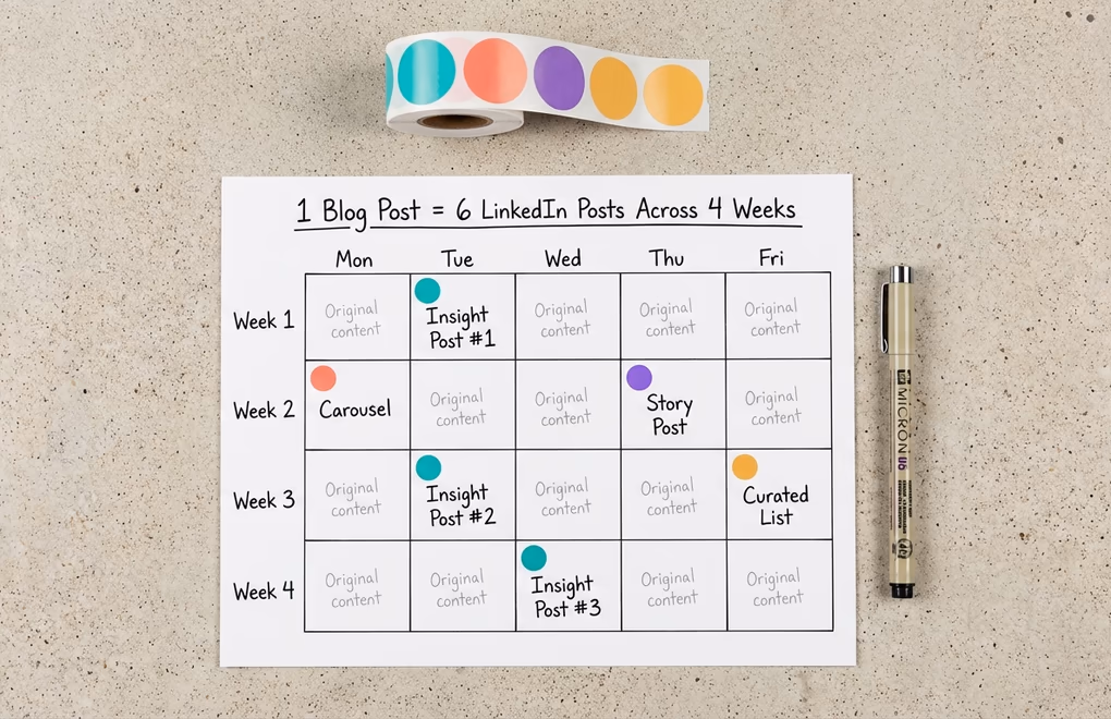 Four-week calendar showing the optimal spacing of repurposed LinkedIn posts from a single blog article