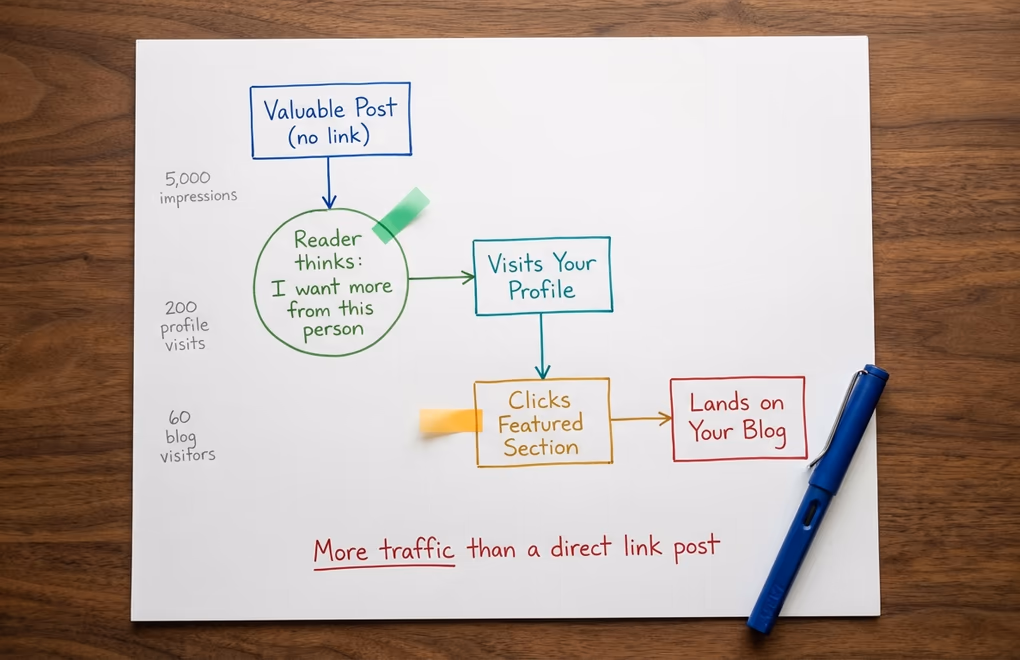 Flowchart showing the zero-click path from a LinkedIn post to a profile visit to a Featured section blog link