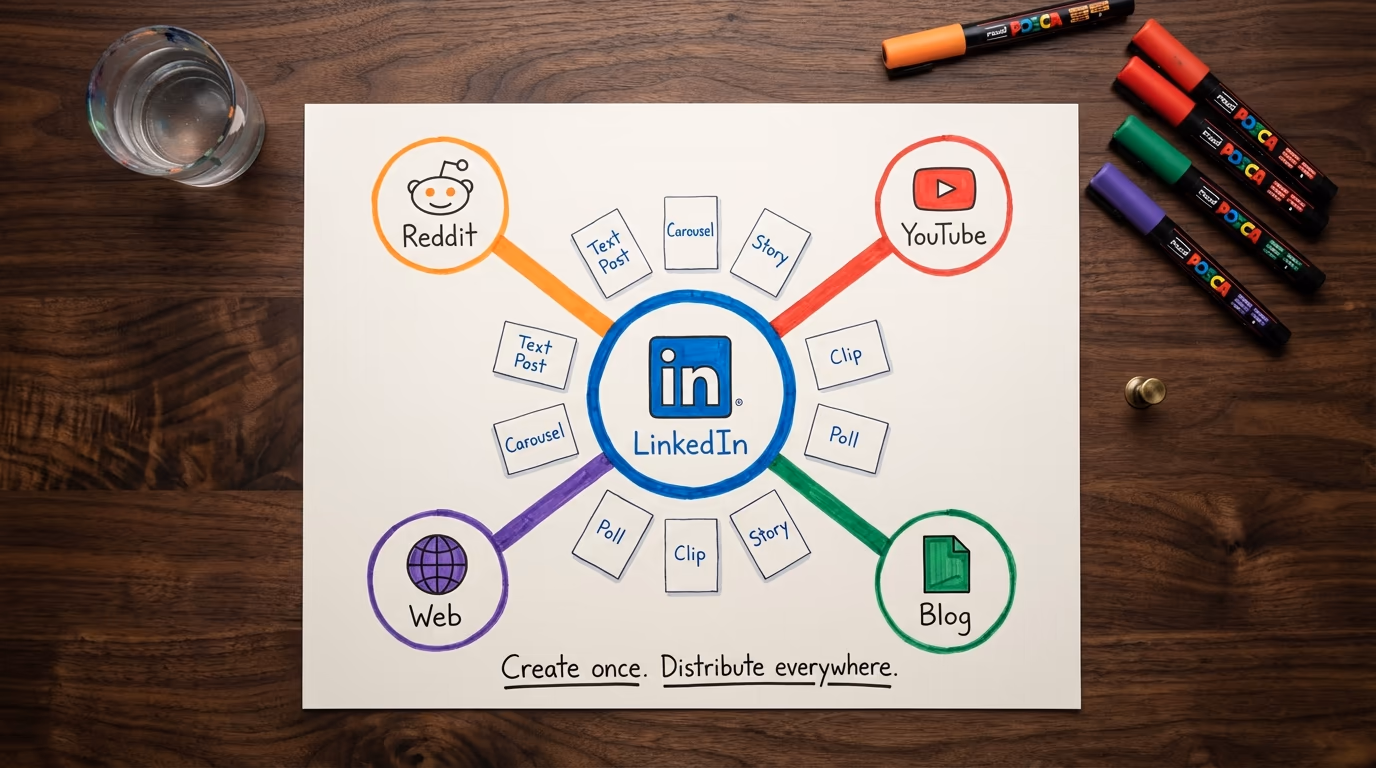 Hub-and-spoke diagram showing four content sources flowing into a central LinkedIn strategy with multiple output formats