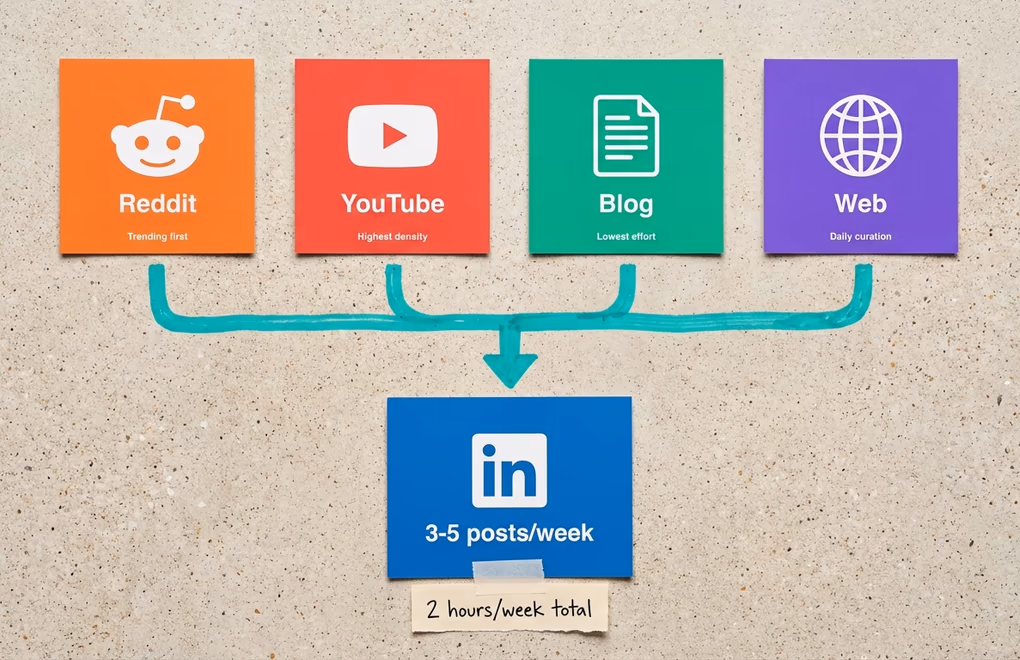 Four content source icons - Reddit, YouTube, Blog, and Web - with arrows pointing to a central LinkedIn icon