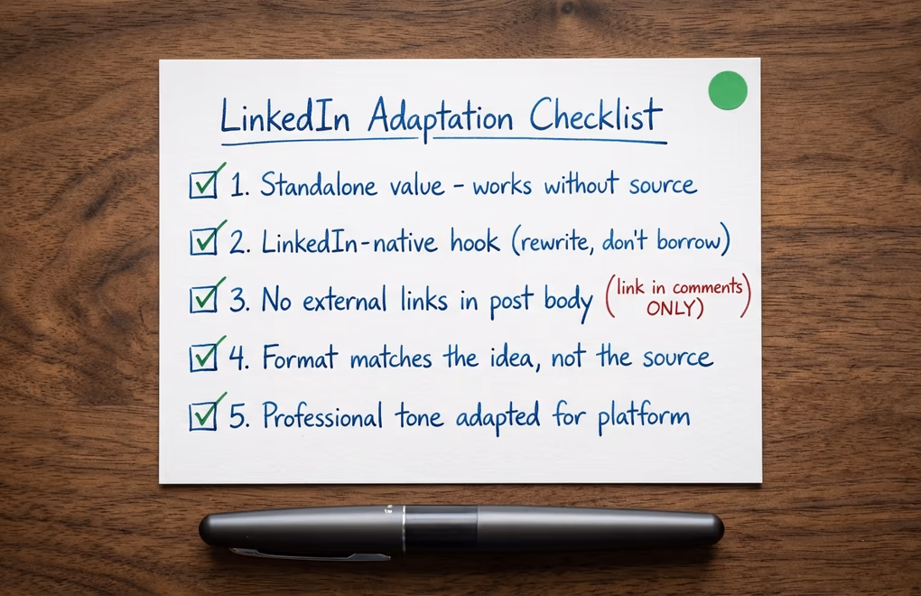 Checklist of content adaptation rules for LinkedIn showing hook requirements, format guidelines, and engagement triggers