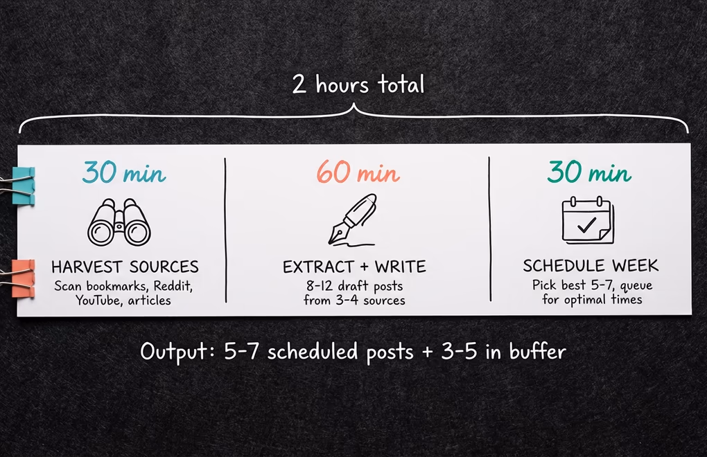Weekly timeline showing a 2-hour content repurposing session producing enough LinkedIn posts for the entire week