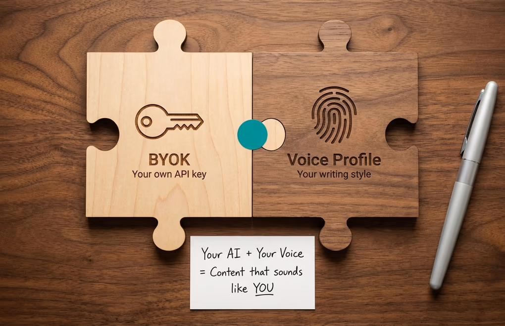 Two puzzle pieces connecting, one labeled BYOK with an API key icon, one labeled Voice Profile with a fingerprint icon