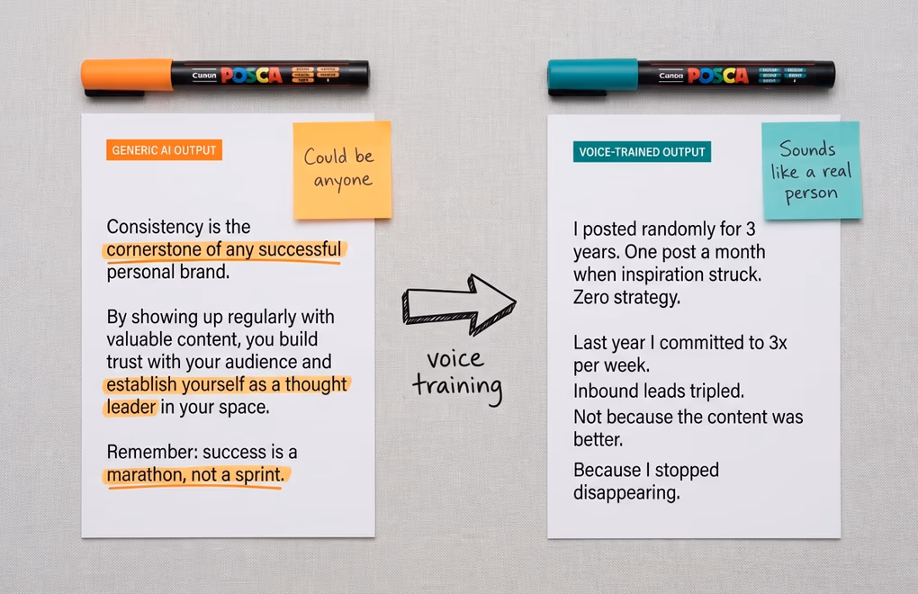 Two printed LinkedIn posts side by side, one with generic AI writing patterns highlighted in orange