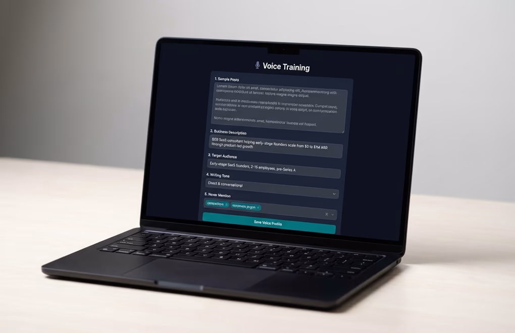 LinkedGrow voice training settings panel showing sample posts, business description, target audience, and writing tone fields