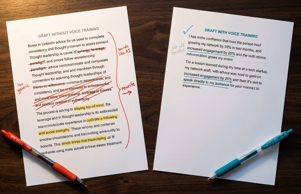 Two printed LinkedIn drafts on a desk, a generic AI version with a red X and a voice-trained version with a teal