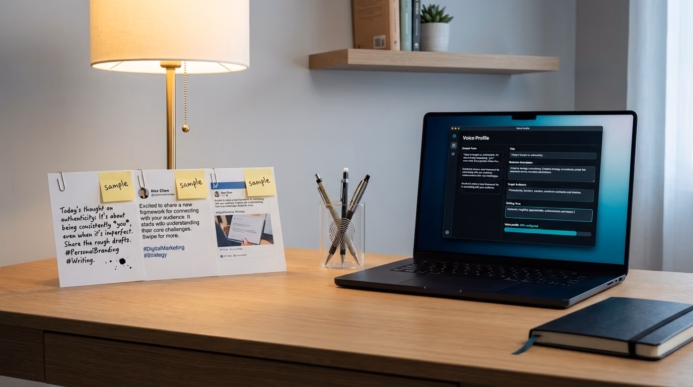 A person's handwritten journal pages and sample posts being analyzed beside a laptop screen an AI interface learning