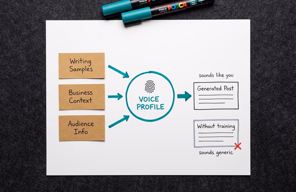 Diagram showing writing samples, business context, and audience settings flowing into a voice profile that shapes AI output