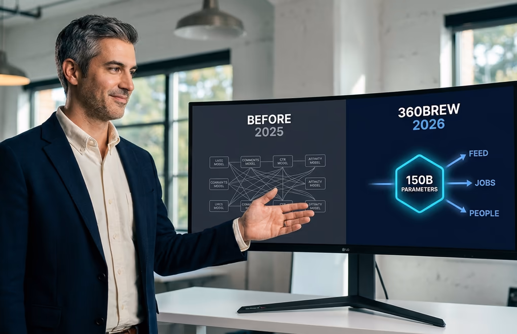 Comparison of old LinkedIn ranking system versus 360Brew transformer