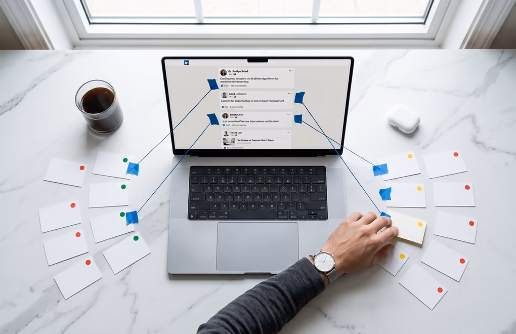 Visualization of LinkedIn algorithm sorting thousands of posts into a personalized feed on a laptop screen