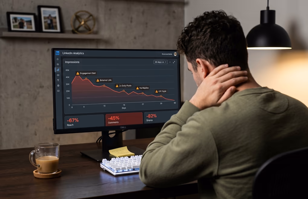 Declining engagement graph on a screen with red warning indicators highlighting common LinkedIn mistakes