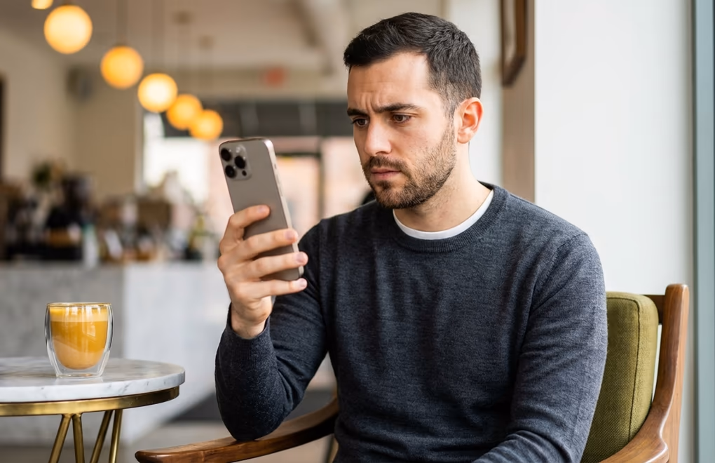 Person deeply focused reading a long LinkedIn post on their phone, illustrating the concept of dwell time engagement