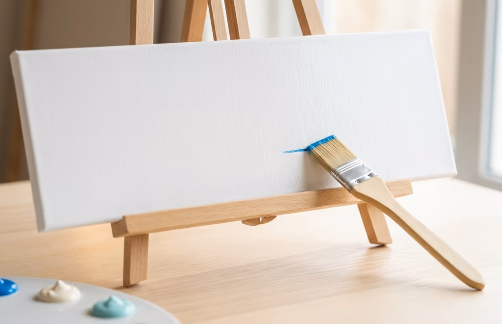 Fresh white canvas on an easel with a cyan accent stripe ready for design
