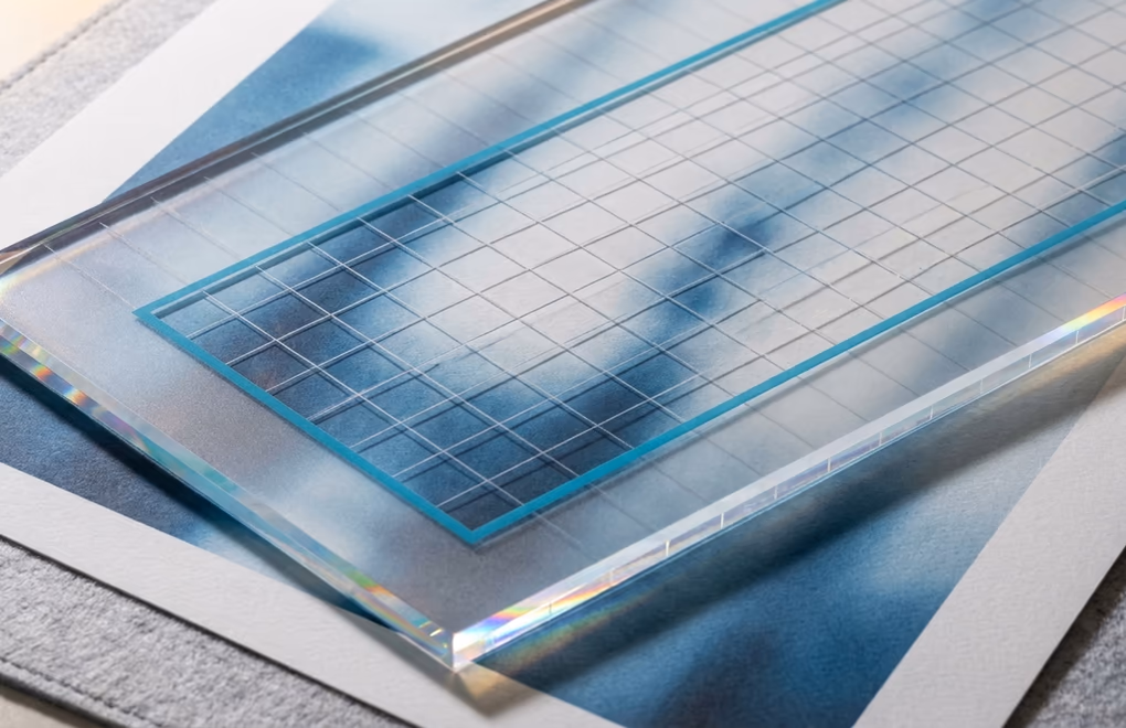 Precision grid overlay on a photograph showing text-safe boundaries