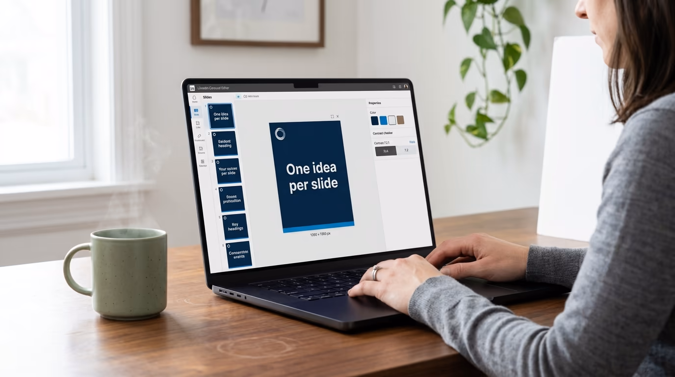 LinkedIn carousel design editor on a laptop eight slides that share one consistent template, brand color, logo placement