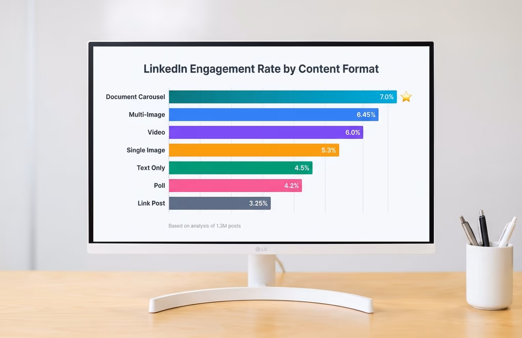 Bar chart comparing LinkedIn engagement rates across content formats with document carousels leading at the top