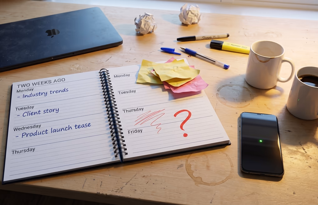 Messy desk with an abandoned paper planner buried under coffee cups and scattered notes the reality of failed content