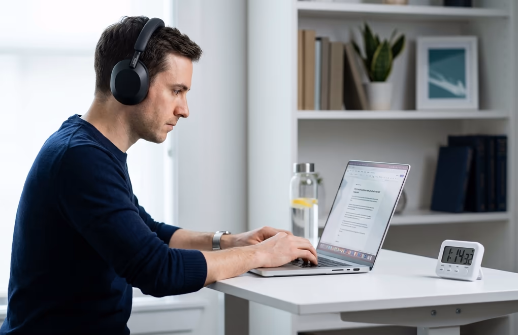 Focused creator at a clean desk writing LinkedIn posts on a laptop with noise-canceling headphones and a timer 90 minutes