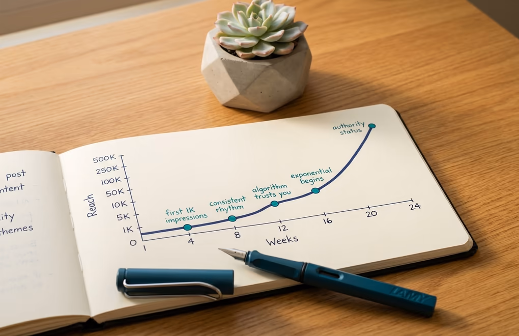 Hand-drawn exponential growth curve in a notebook with weekly posting milestones marked along the timeline how