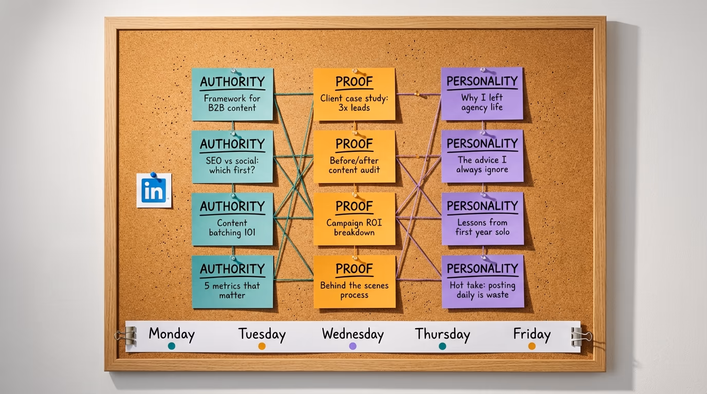 Cork board with pinned index cards with a weekly LinkedIn content strategy connected by colored thread mapping content
