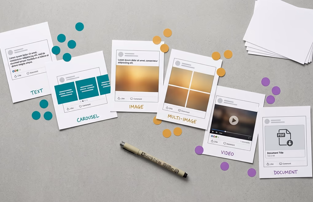 Overhead view of printed LinkedIn post mockups spread across a desk formats including text, carousel, image