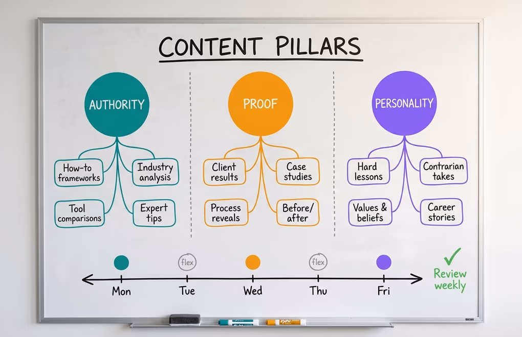 Whiteboard diagram three content pillars labeled Authority, Proof, Personality with branching topic ideas under each
